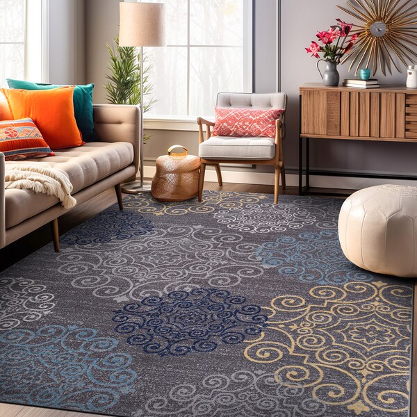 World Rug Gallery Modern Floral Swirl Design Non-Slip Area Rug 5'3'' x 7'3'' Gray 508GRAY5X7 - main